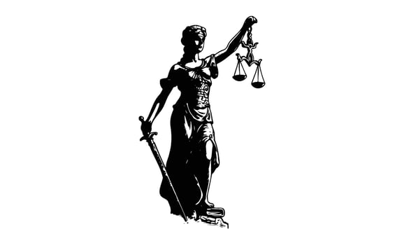 Lady justice holding scales and sword in classical pose vector