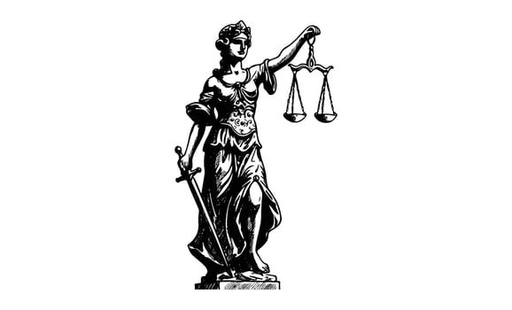 Lady justice statue illustration with scales and sword in black and white vector
