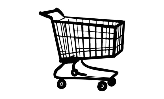 Black and white outline drawing of shopping cart on white background vector