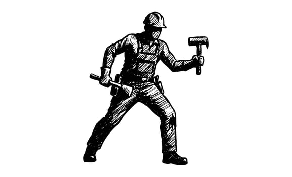 Male construction worker with tools in action silhouette art vector