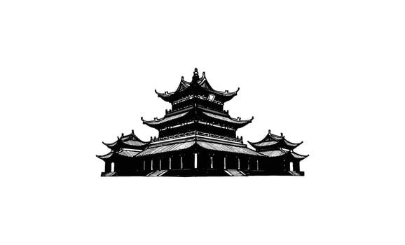 Traditional asian pagoda illustration in black and white vector