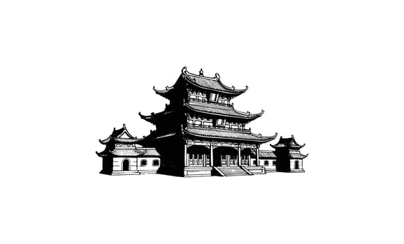 Traditional asian pagoda line art illustration of ancient temple architecture vector