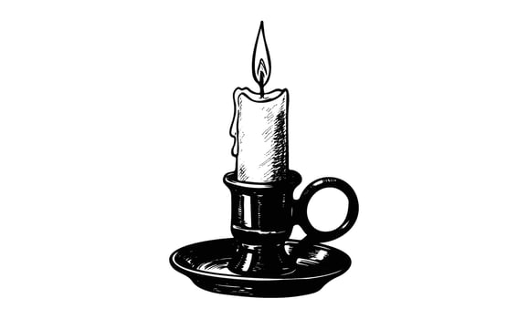 Hand drawnvintage candle illustration with burning flame in classic holder vector