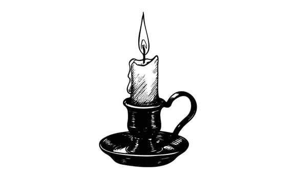 Vintage candle drawing on holder classic wax candle with metal stand vector