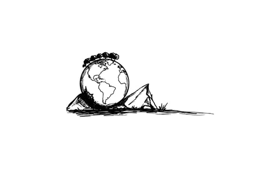 Atlas carrying earth illustration with trees and mountains in black and white vector