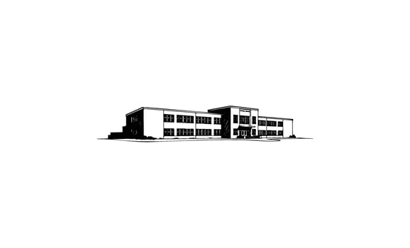Minimalist black and white illustration of a modern school building exterior vector