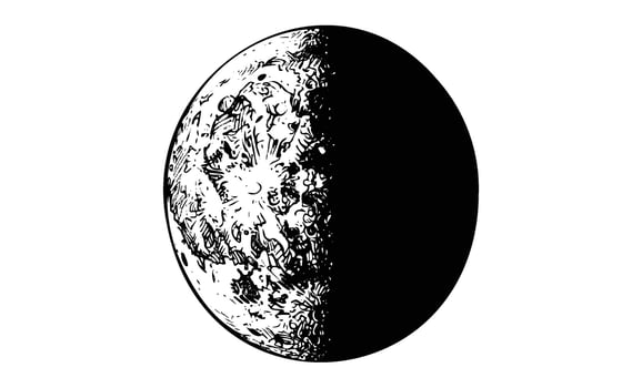 Black and white half moon illustration with craters and texture vector