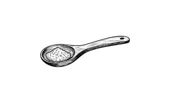 Hand drawnwooden spoon filled with salt on white background vector