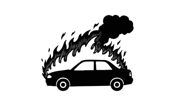Silhouette of car with flames and smoke illustrating vehicle fire vector