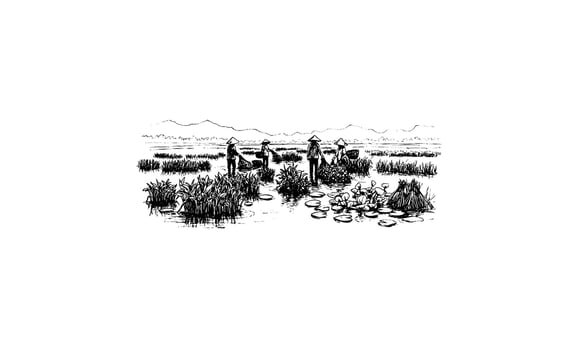 illustration of farmers working in rice fields with mountains and flora vector