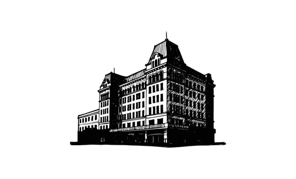 Historic european hotel architecture in black and white sketch vector