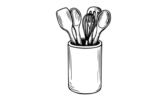 Black and white sketch of kitchen utensil holder with spatulas, whisk, and spoons vector