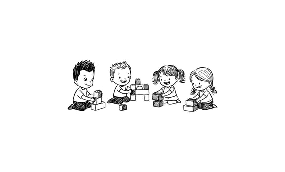 Children playing with blocks happy diverse group of young kids vector