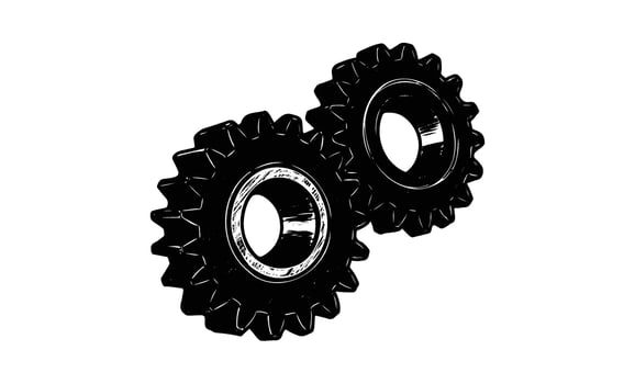 Black and white illustration of two interlocking gear cogs vector