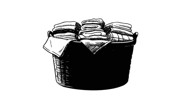 Monochrome illustration of a basket filled with folded laundry towels vector