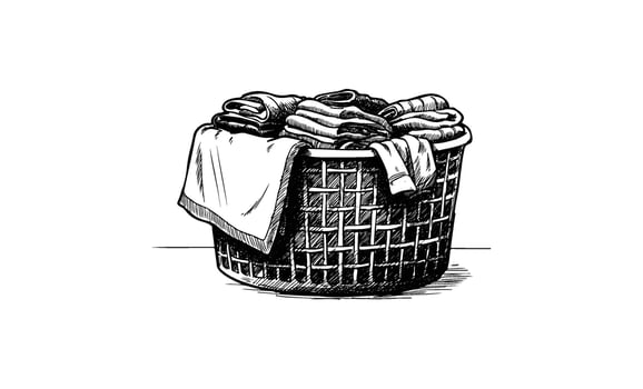 Hand drawnlaundry basket filled with folded clothes and towel vector