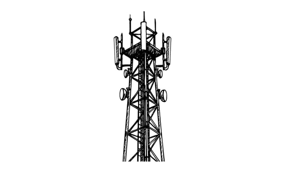 Detailed sketch of a telecommunications tower with antennas on white background vector