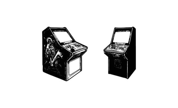 Vintage arcade machines with classic designs in black and white illustration vector