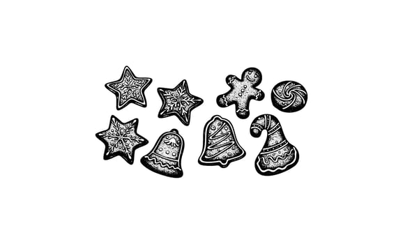 Elegant gingerbread cookies stars, bells, trees, and swirls in black and white vector