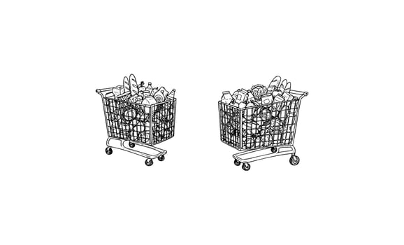 Two shopping carts loaded with groceries bread, beverages, produce vector