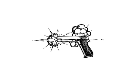 Detailed ink drawing of handgun with explosive muzzle flash on white background vector