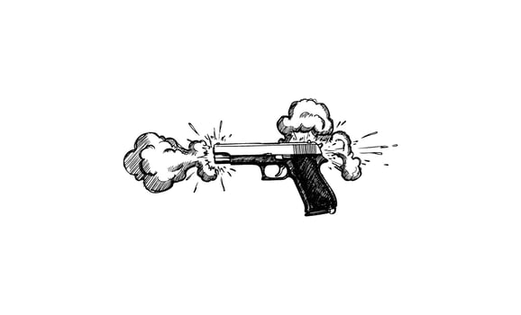 Hand drawnsketch of a smoking pistol with explosive clouds vector