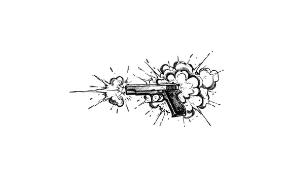 Hand drawnpistol firing with cartoon explosion in black and white vector