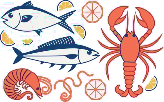 Blue and orange seafood illustrations with lemon slices vector
