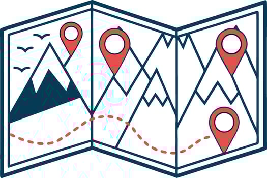 Folded Map with Mountains and Red Location Pins travel vector