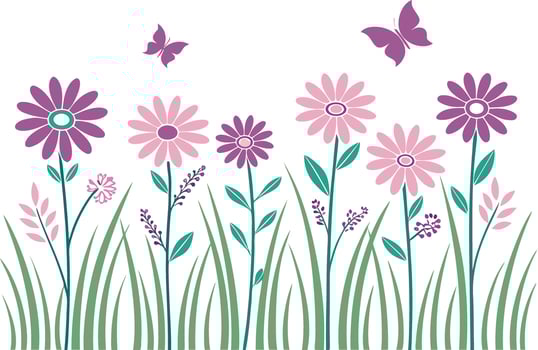 Purple and pink daisy flowers with green grass and butterflies vector