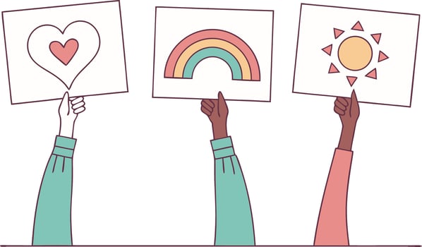 Hands holding signs with heart rainbow and sun board vector