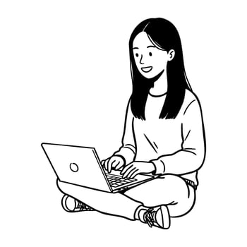 Asian female teen using laptop while sitting cross-legged in casual clothing vector