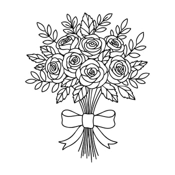 Bouquet of roses with ribbon in detailed black and white line art drawing vector