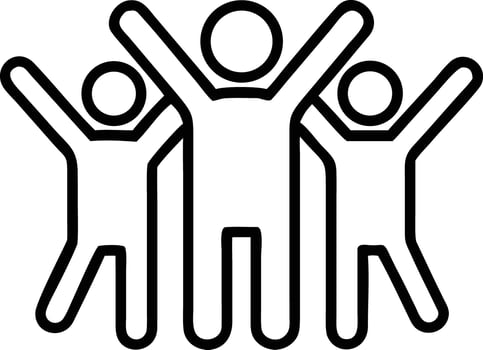Three stylized people raising arms in celebration line art illustration vector