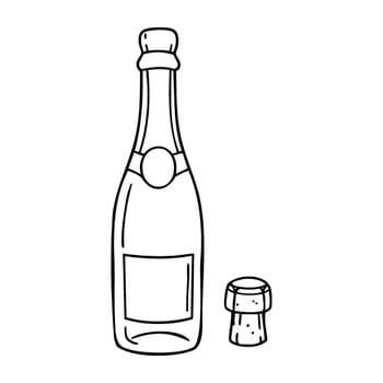 Hand-drawn champagne bottle with cork illustration in black and white vector