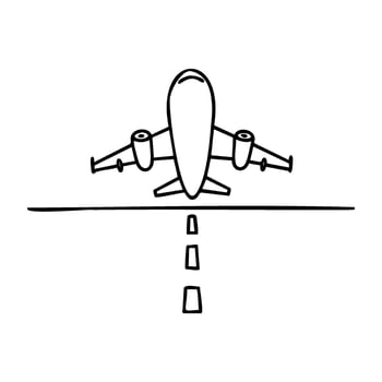Simple hand-drawn airplane illustration on runway in black and white vector