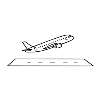 Simple line drawing of a plane taking off from a runway vector