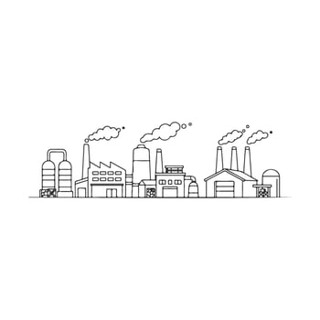 Industrial factory skyline with smokestacks emitting smoke in black and white illustration vector