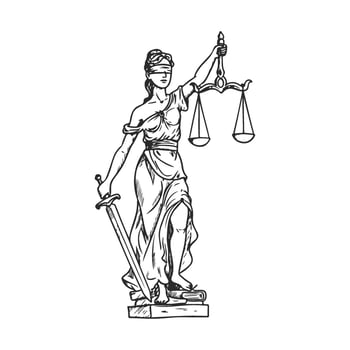 Blindfolded female justice statue holding scales and sword illustration vector