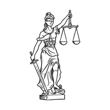 Blindfolded justice statue holding scales and sword in black and white sketch vector