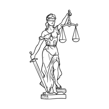 Blindfolded lady justice holding scales and sword line art vector