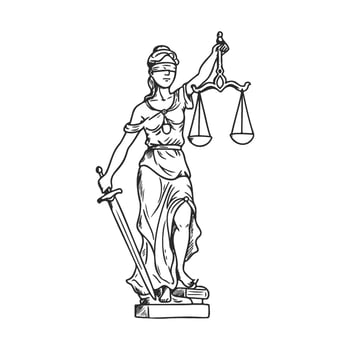 Blindfolded lady justice with scales and sword illustration on white background vector