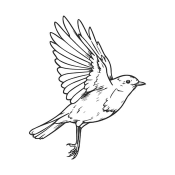Black and white illustration of a flying bird with detailed wings spread vector