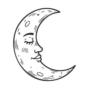 Crescent moon with face and closed eyes illustration in black and white vector