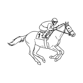 Male jockey racing horse at full gallop line art vector