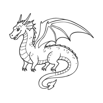 Cute cartoon dragon in monochrome line art on white background vector