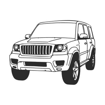 Black and white illustration of suv car with grille and alloy wheels vector