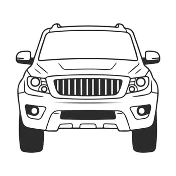 Black and white outline of suv front view with grille and headlights vector