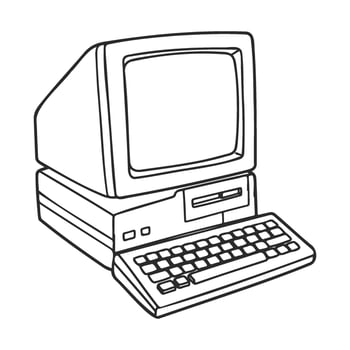 Vintage monochrome drawing of classic retro computer with keyboard vector