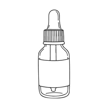 Black and white outline of glass dropper bottle with blank label vector